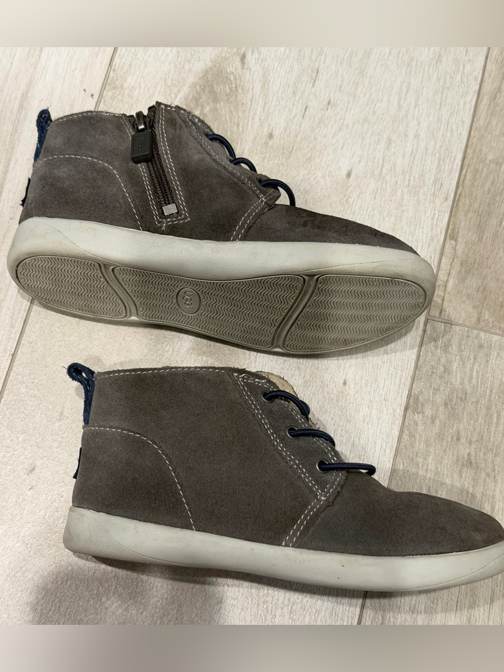 UGG Gray Suede Kids Ankle Boots with Navy Laces size 12 toddler